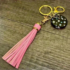Hand Crafted Medallion Libra Charm and Pink Tassel Gold Tone Keychain
